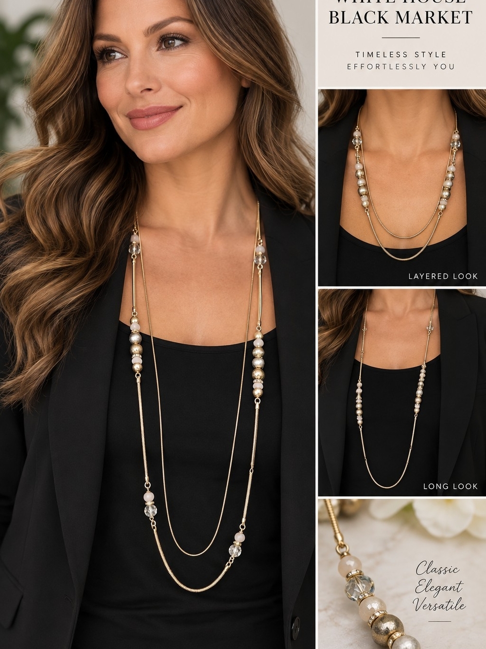 White House Black Market Gold and Pearl Layered Long Necklace